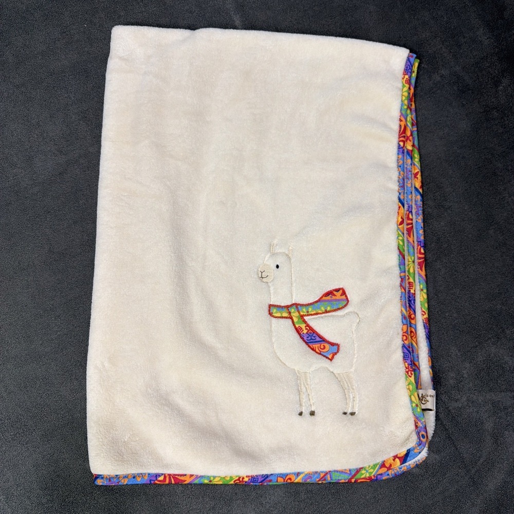 Maison Chic Cream Fuzzy Llama Baby Blanket With Multi Colored Trim